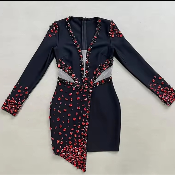 Long Sleeve Red Crystal V-Neck Bodycon Mini Bandage Dress - Picture 12 of 12